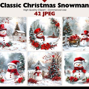 May include: A series of watercolour illustrations depicting snowmen in winter settings. Each snowman is adorned with a red hat and scarf, set against snowy landscapes with trees and festive elements. The text reads "Classic Christmas Snowman".