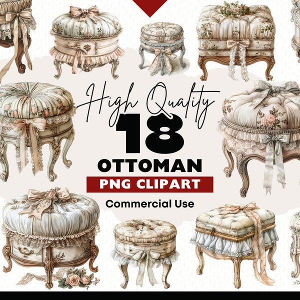 Vintage Ottoman Clipart Bundle, Victorian Furniture PNG Graphics for Paper Crafts and Scrapbooking, Antique Footstool Png Watercolor Image