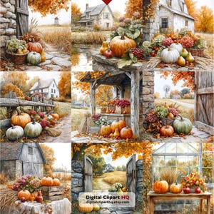 May include: A digital collage of nine autumn scenes featuring pumpkins, gourds, rustic farmhouses, barns, and greenhouses. The images display orange and white pumpkins, colorful fall foliage, wooden fences, and stone structures in a harvest theme.