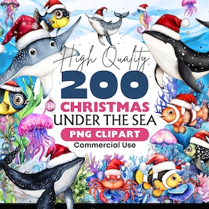 Christmas Under the Sea Clipart Bundle Cute Ocean Animals Png Digital Download Christmas Watercolor Sealife Graphics Nursery Holiday Decor