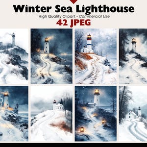 Puede incluir: Una colección de impresiones artísticas digitales que presentan escenas invernales con faros. Cada imagen representa un faro en un acantilado nevado, con un camino sinuoso que conduce a él. La obra de arte está en un estilo de acuarela, con tonos fríos y efectos atmosféricos.