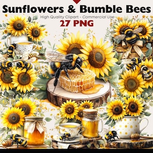May include: A watercolour illustration of sunflowers and bumble bees. The image includes sunflowers, honeycombs, honey jars, and teacups. The text "Sunflowers & Bumble Bees" and "27 PNG" are visible.