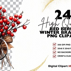 May include: 24 high-quality red berry winter branches PNG clipart images. Each image is 2048 x 2048 pixels, 300 DPI, and has no background. The images are crisp and clear.