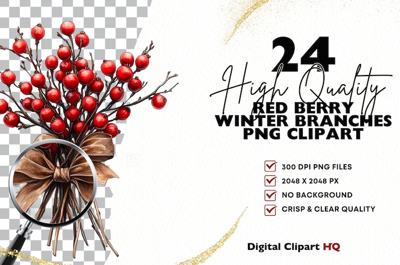 May include: 24 high-quality red berry winter branches PNG clipart images. Each image is 2048 x 2048 pixels, 300 DPI, and has no background. The images are crisp and clear.
