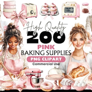 Pode incluir: Ilustração em aquarela com materiais de panificação rosa e mulheres em aventais. Inclui um bolo, cupcakes, uma torradeira, uma batedeira e o texto "High Quality 200 Pink Baking Supplies PNG Clipart Commercial Use."