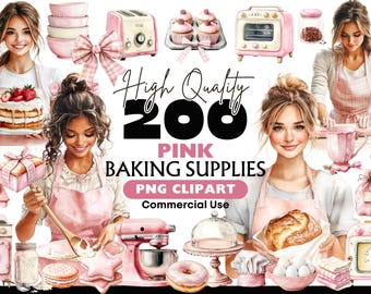 Clipart de cocina rosa para hornear, suministros para hornear pastel PNG, elementos de cocina cottagecore, clip art de chef pastelero, descarga instantánea de chica repostera