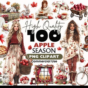 Puede incluir: Ilustración digital con temática otoñal con manzanas. La imagen incluye mujeres, manzanas y follaje de otoño. El texto dice "High Quality 100 Apple Season PNG Clipart Commercial Use."