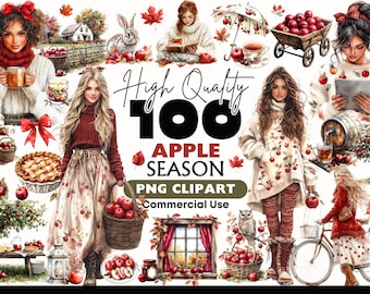 Op de afbeelding: Een digitale illustratie met een herfstthema met appels. De afbeelding bevat vrouwen, appels en herfstbladeren. Tekst luidt "High Quality 100 Apple Season PNG Clipart Commercial Use."