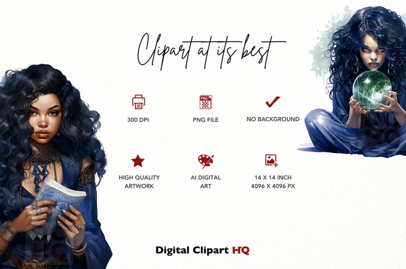 May include: Digital illustration of a woman with long, dark curly hair wearing a blue robe and holding a crystal ball. The image is 14 inches by 14 inches and has a resolution of 4096 pixels by 4096 pixels. The image is high quality and has no background.