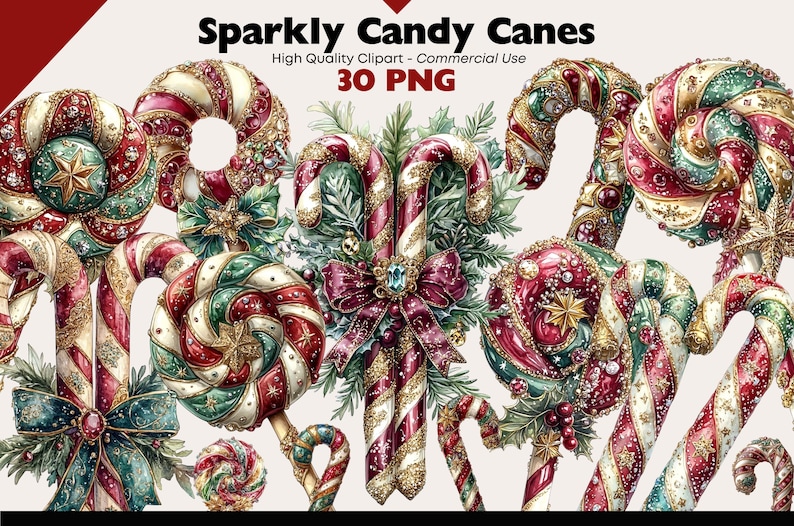 May include: A collection of 30 sparkly candy canes with gold and red accents. The candy canes are decorated with glitter, beads, and other embellishments. The image is labeled "Sparkly Candy Canes" and "30 PNG".