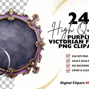 Puede incluir: Un conjunto de 24 marcos victorianos morados de alta calidad, perfectos para agregar un toque de elegancia a tus dise&ntilde;os digitales. Cada marco tiene 2048 x 2048 p&iacute;xeles y viene con un fondo transparente.