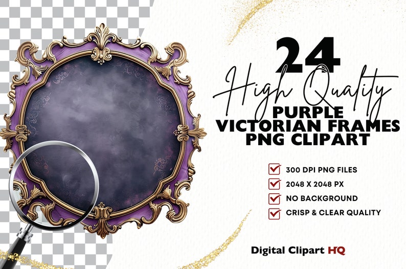 Puede incluir: Un conjunto de 24 marcos victorianos morados de alta calidad, perfectos para agregar un toque de elegancia a tus dise&ntilde;os digitales. Cada marco tiene 2048 x 2048 p&iacute;xeles y viene con un fondo transparente.