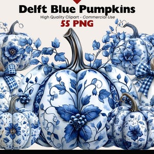 Clipart de calabaza floral azul de Delft / Decoración de otoño azul y blanca / Descarga digital PNG / Gráficos de otoño en acuarela / Arte digital de Acción de Gracias