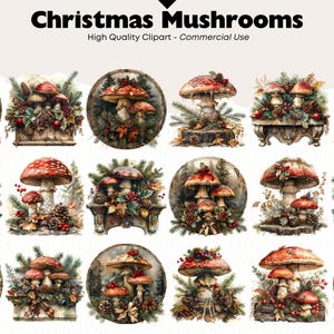 May include: Twelve watercolour illustrations of Christmas mushrooms with red caps and white stems. Each mushroom is surrounded by greenery, pine cones, and red berries. The illustrations are set against a white background.