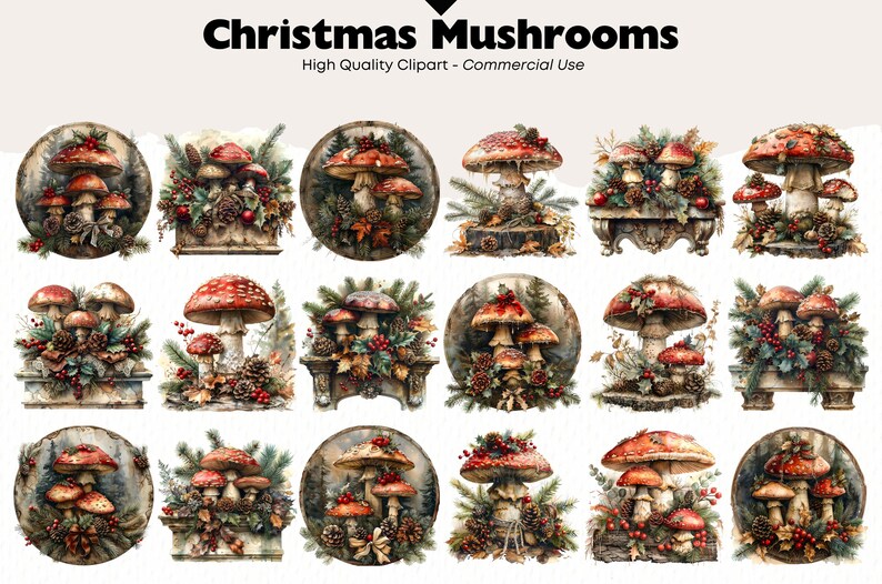 May include: Twelve watercolour illustrations of Christmas mushrooms with red caps and white stems. Each mushroom is surrounded by greenery, pine cones, and red berries. The illustrations are set against a white background.