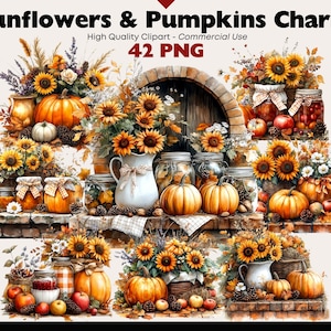 Op de afbeelding: Een digitale illustratie met zonnebloemen, pompoenen en potten jam. De afbeelding bevat de tekst "Sunflowers & Pumpkins Charm" en "42 PNG". Het kleurenpalet is warm, met oranje, gele en bruine tinten.