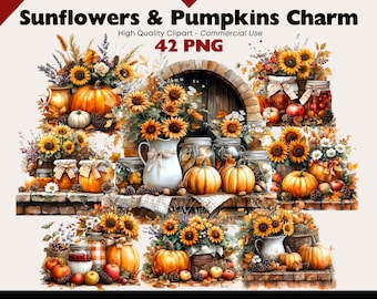 Imágenes prediseñadas de girasoles y calabazas, 42 arreglos rústicos de otoño PNG, decoración de cocina rústica otoñal, paquete de imágenes prediseñadas de Acción de Gracias PNG