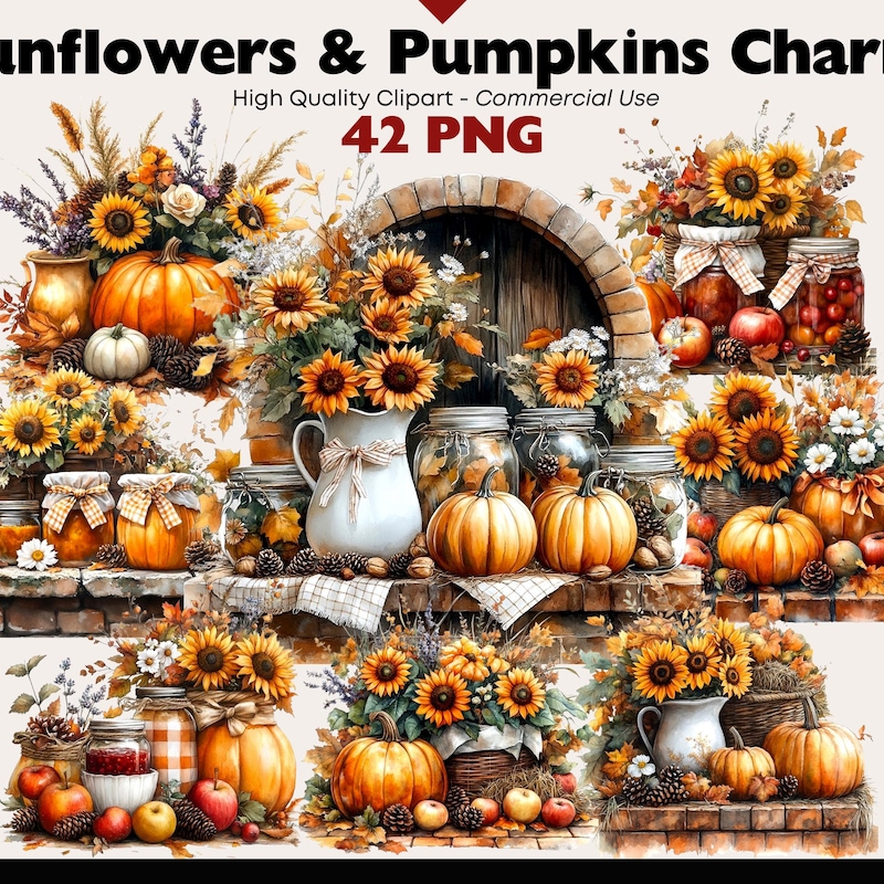 Pumpkin and Sunflower Clipart - Etsy