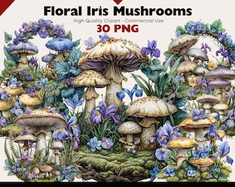 Fantasy Mushroom Clipart Bundle, Floral Iris Mushroom Watercolor, Fairy Tale Fungi PNG Digital Download, Paper Crafts, Scrapbooking