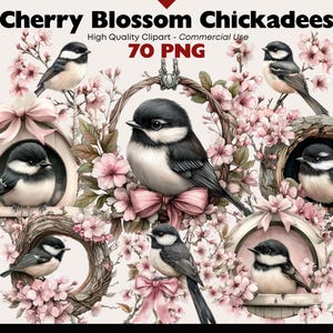 Clipart mésanges fleurs de cerisier - 70 PNG romantiques d'oiseaux de printemps pour le scrapbooking, travaux manuels en papier, journaux indésirables, aquarelles nature