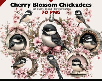 Clipart de carboneros en flor de cerezo: 70 PNGs románticos de aves primaverales para scrapbooking, manualidades de papel, revistas basura y gráficos de naturaleza en acuarela.