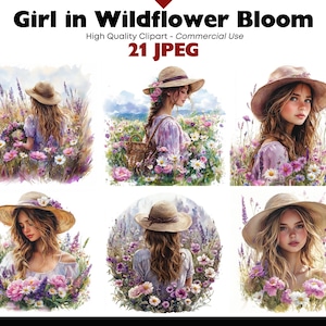 Wildflower Girl JPEG Clipart Commercial Use Blooming Meadow Graphics Digital Download Watercolor Paper Crafts Junk Journal Scrapbooking
