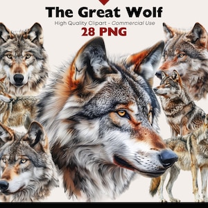 May include: A digital illustration of a wolf's head with a grey, brown, and red fur pattern. The wolf's eyes are a bright yellow. The image is part of a set of 28 wolf illustrations.