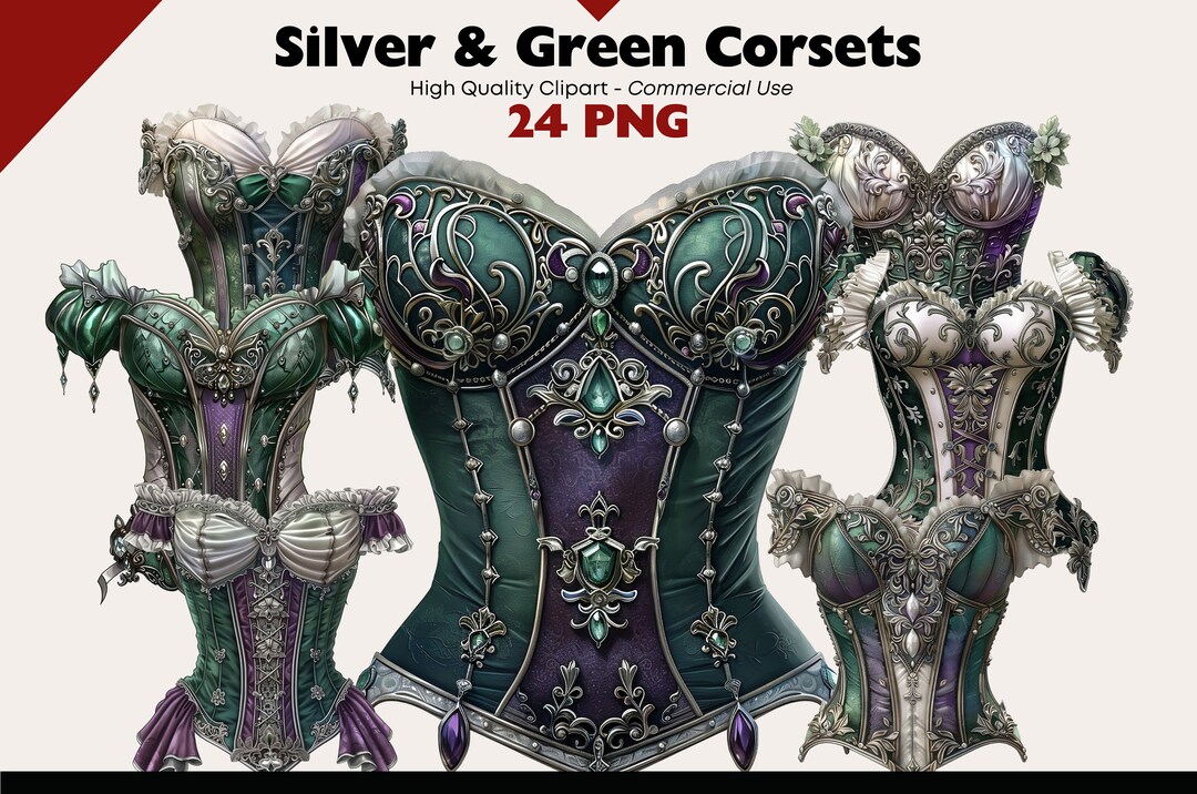 Silver and Green Corsets Clipart Bundle, Vintage Lingerie Watercolor ...
