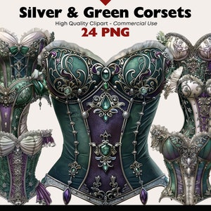 Silver And Green Corsets Clipart Bundle, Vintage Lingerie Watercolor, Girdle Png Corset Printables, Victorian Clothing Graphics Scrapbooking