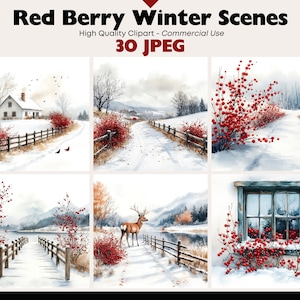 30 Winter Scenery JPEG Graphics Commercial Use Red Berries Landscape Digital Download Watercolor Paper Crafts Junk Journal Scrapbooking