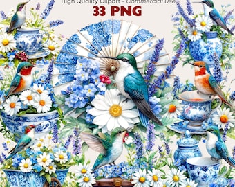 Floral Hummingbirds Clip Art, Watercolor Spring Birds Clipart Set, 33 PNG Bird Illustrations (Digital Download) Delft Blue Art