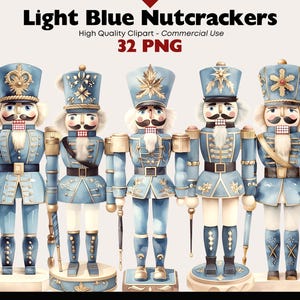 Peut inclure: Ensemble de casse-noisettes bleu clair avec des détails dorés. Chaque figurine a un chapeau et un uniforme uniques. Le texte "Light Blue Nutcrackers" et "32 PNG" est visible en haut.