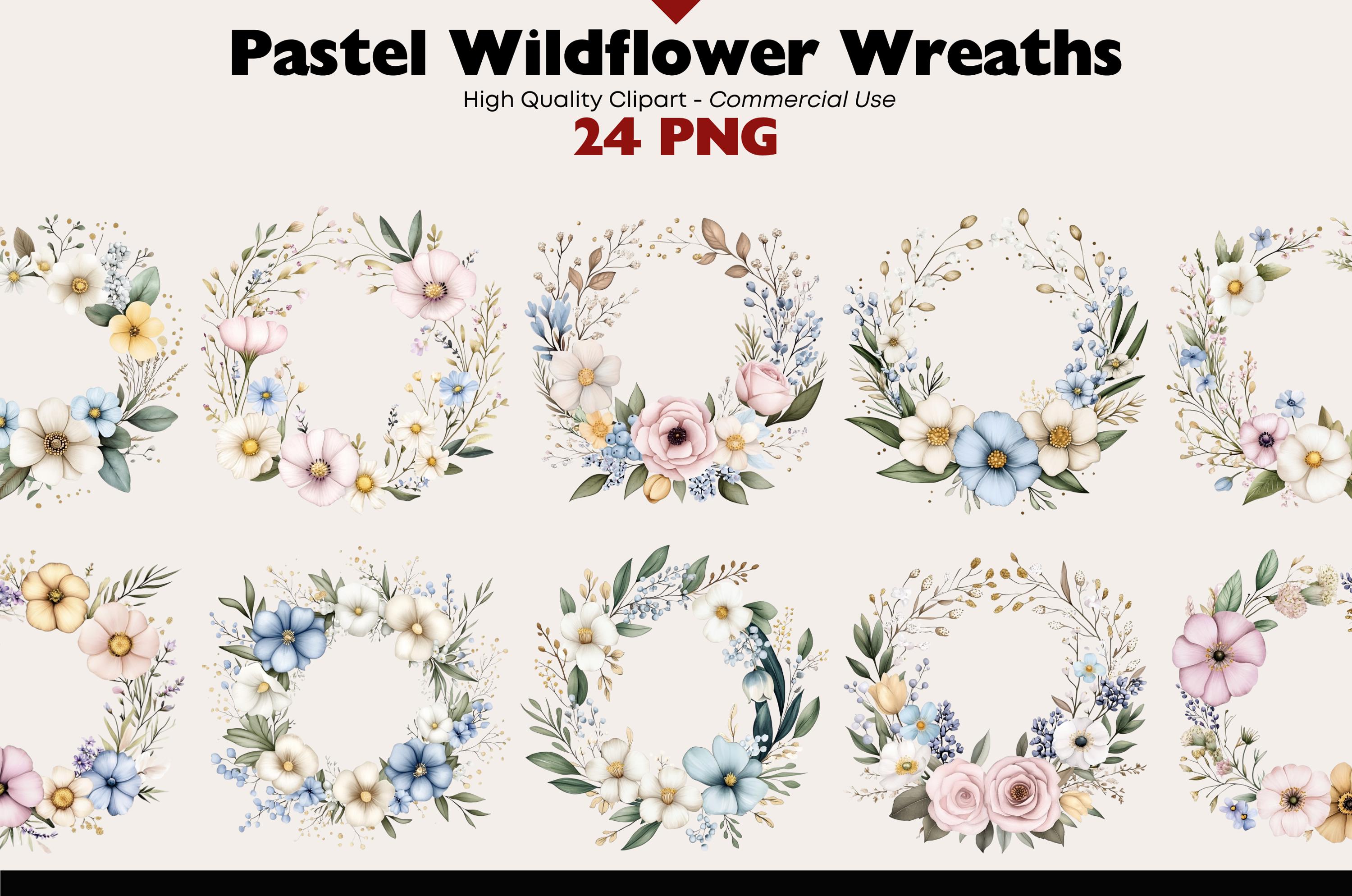 Pastel Wildflowers Clipart Bundle Floral Wreath Digital Download PNG Wildflower Elements Graphics Commercial Use Watercolor Papercrafts