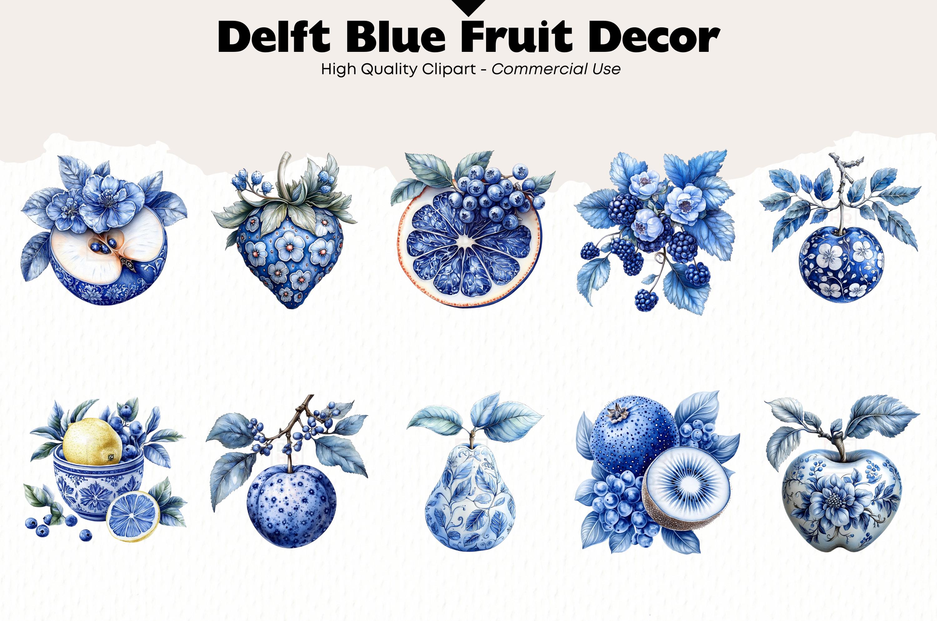 Delft Blue Fruit Clipart Bundle Watercolor Dutch Delft Style PNG ...