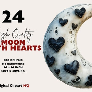 May include: A set of 24 digital clipart images of a crescent moon with black hearts. The moon is white with a textured surface and the hearts are black with a stitched edge. The images are 300 DPI PNG, 14 inches by 14 inches, and 4096 pixels by 4096 pixels.