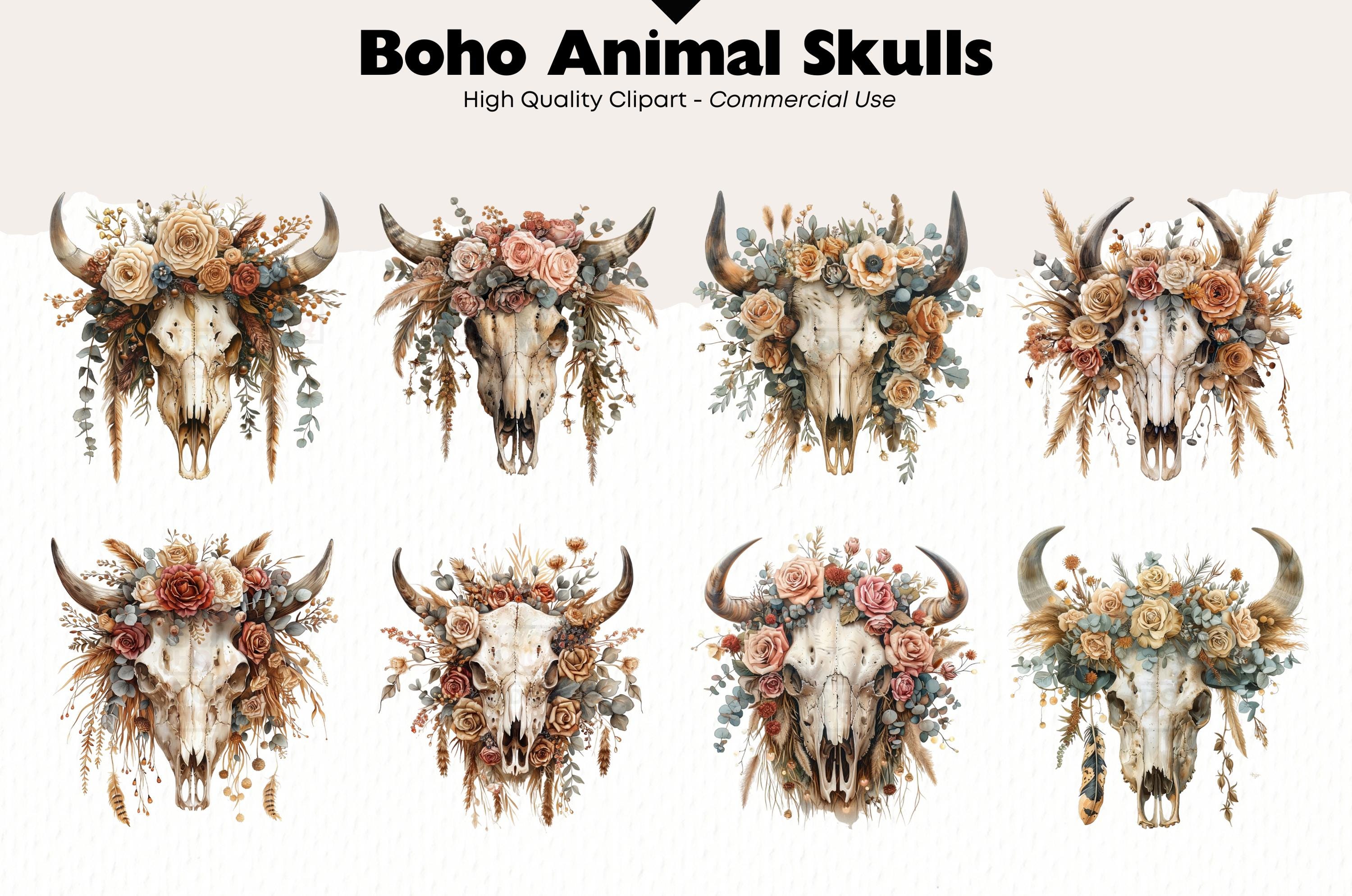 Boho Animal Skull Clipart Bundle Fall Decoration Watercolor Cow Skull ...