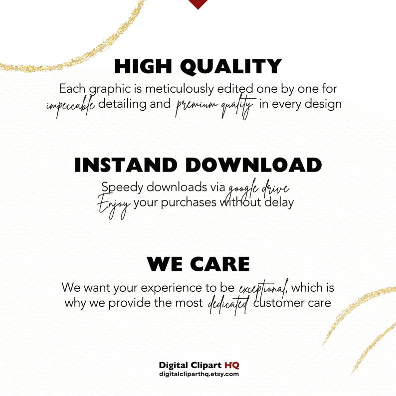 May include: White graphic with text: "HIGH QUALITY", "INSTAND DOWNLOAD", and "WE CARE". The text describes the quality, download speed, and customer service. The image also includes the shop's name and website.