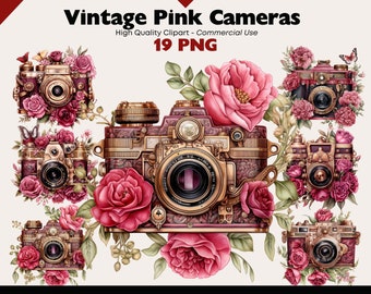 Zestaw Vintage Camera Clipart, Różowy Kwiatowy Aparat Akwarela PNG, Obrazy Retro Aparatu, Naklejki Cyfrowe, Kwiatowy Album PNG