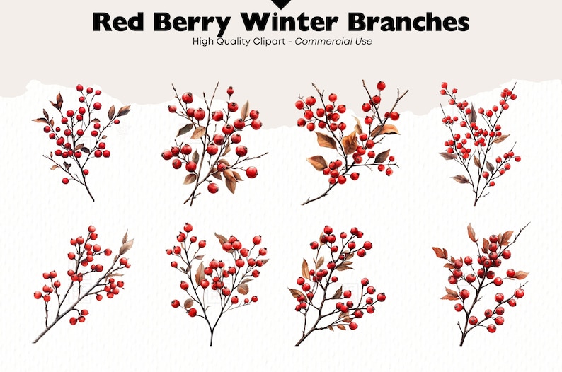 May include: Eight watercolor illustrations of red berry winter branches with brown leaves. The branches are isolated on a white background.