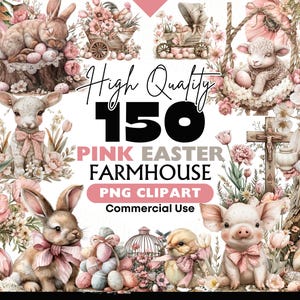 May include: A collection of 150 high-quality pink Easter farmhouse PNG clipart images for commercial use. The clipart includes bunnies, chicks, lambs, piglets, flowers, eggs, and other Easter-themed elements.