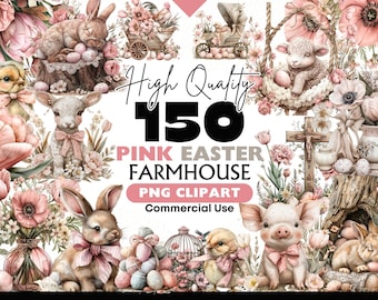 May include: A collection of 150 high-quality pink Easter farmhouse PNG clipart images for commercial use. The clipart includes bunnies, chicks, lambs, piglets, flowers, eggs, and other Easter-themed elements.