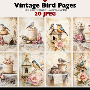 Może przedstawiać: Zestaw 20 vintage stron z ptakami, przedstawiającymi niebieskie ptaki, budki lęgowe i wzory kwiatowe. Strony idealnie nadają się do scrapbookingu, tworzenia kartek i innych projektów rękodzielniczych.