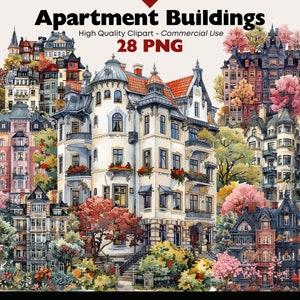 Apartment Houses Clipart Bundle, Vintage Townhouse Watercolor, City Buildings Printable, Paper Crafts Classic House PNG for Digital Download