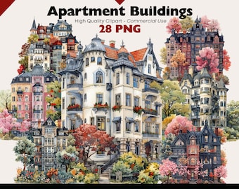 Apartment Houses Clipart Bundle, Vintage Townhouse Watercolor, City Buildings Printable, Paper Crafts Classic House PNG for Digital Download