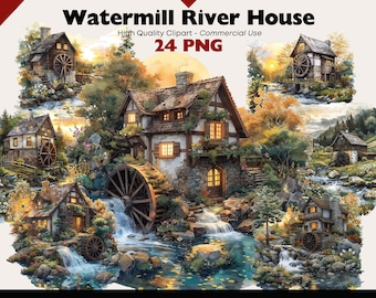 Watermill Clipart Bundle, Nature Landscape Watercolor, River House Illustration, Watermill PNG Digital Download, Paper Crafts, Scrapbooking