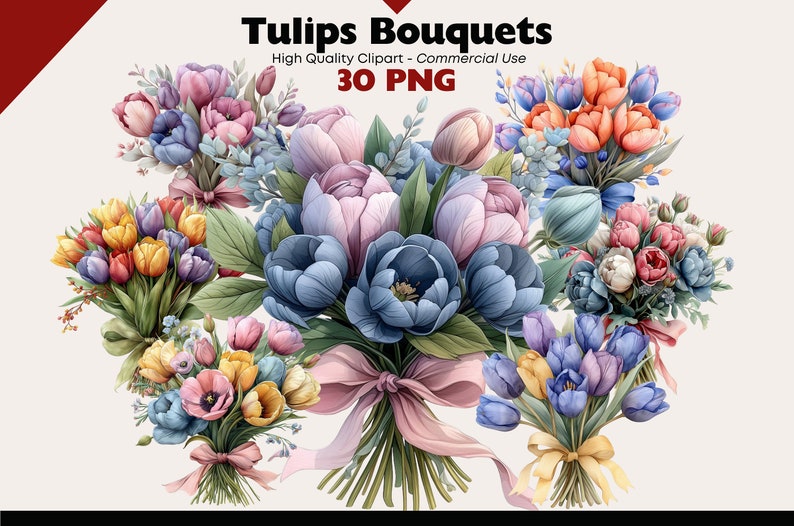 Tulip Bouquet Clipart Bundle, Spring Flowers PNG, Watercolor Tulip Bouquet PNG, Digital Floral Printable Art, PNG Easter Bouquets Graphics image 1