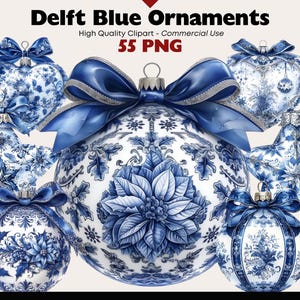 Paquete de imágenes prediseñadas navideñas de Delftware, patrón vintage azul estilo Delft, motivos navideños tradicionales PNG, adornos estilo Delft holandés