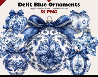 May include: A set of 7 blue and white Delftware Christmas ornaments. The ornaments are in the shape of a star, heart, and round ball. The ornaments are decorated with a floral pattern.