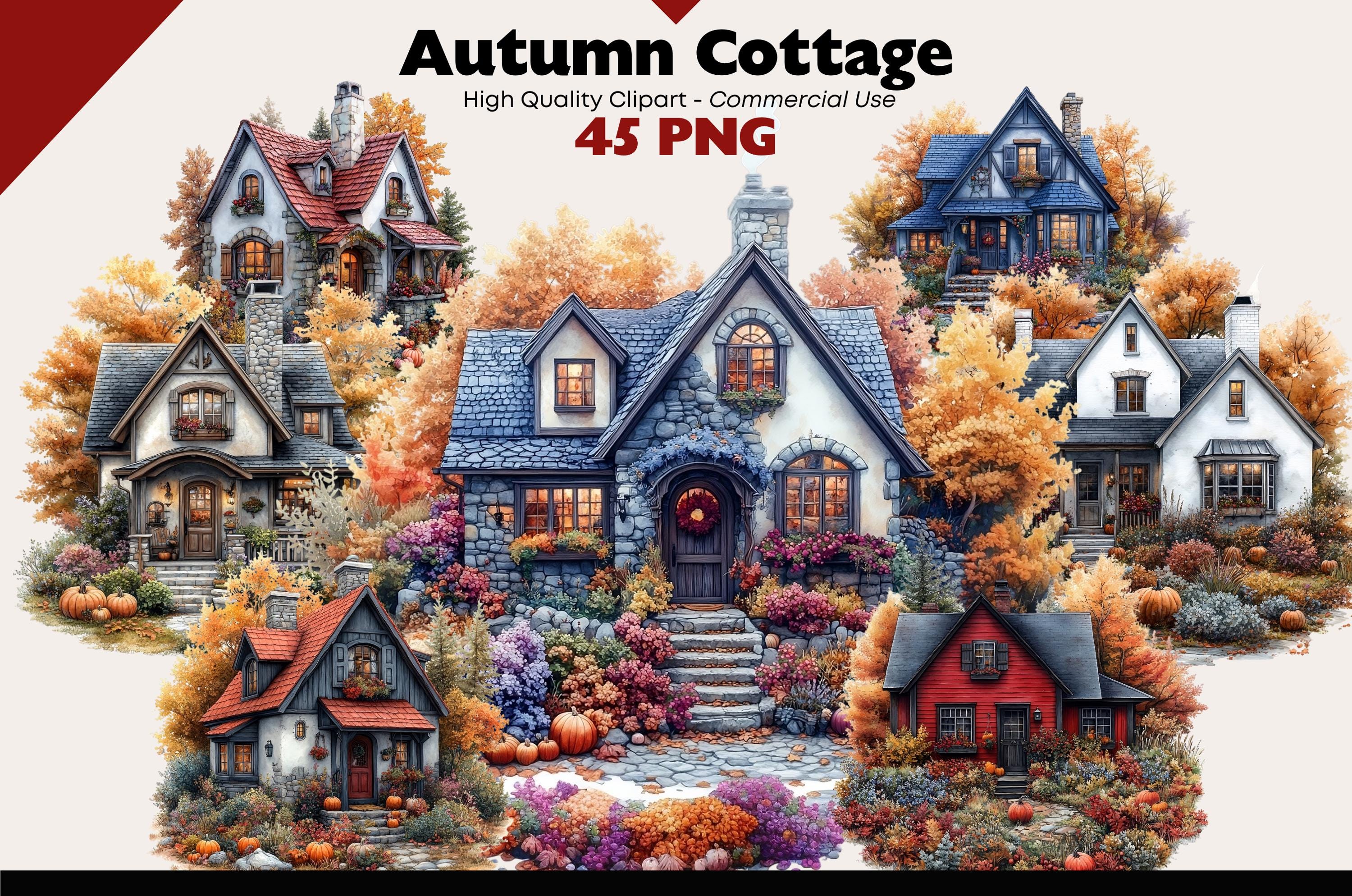 Autumn Cottage Clipart Bundle Fall Watercolor Countryside House Png ...