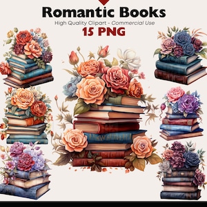 Romantyczne Książki Clipart Bundle, Jesienny Stos Książek z Różami Obrazy Akwarelowe, Kwiatowe Książki PNG, Fantazyjne Naklejki Cyfrowe, Scrapbooking